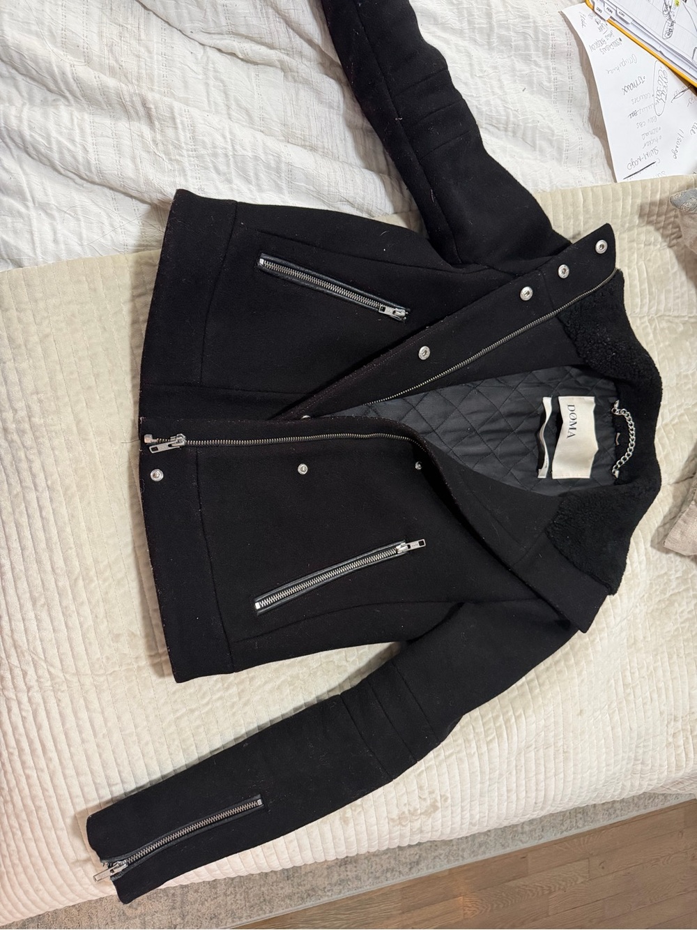 Doma Black Moto-Style Wool Jacket with Silver Zippers